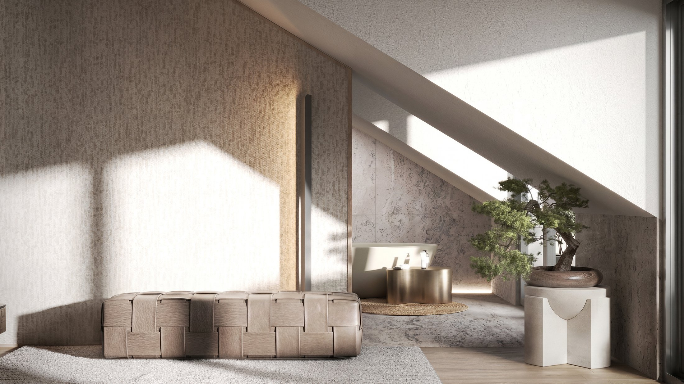 Sunlit stairwell landing with a bench and planting.