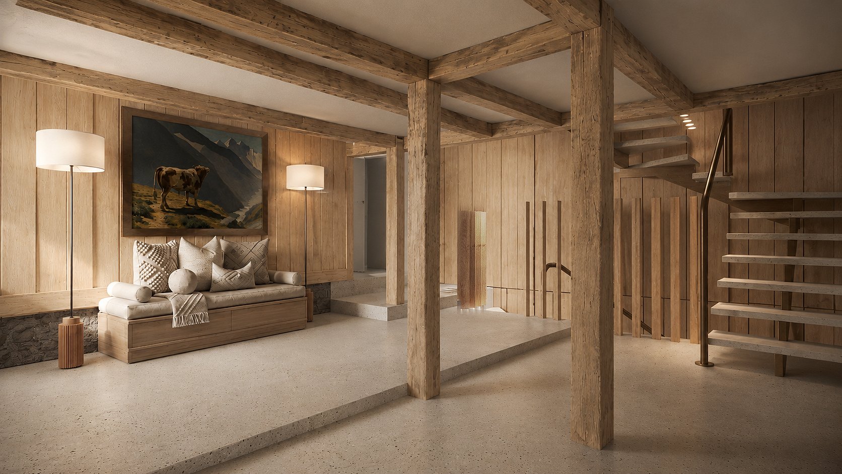 Attic lounge space beneath crossed timber beams.