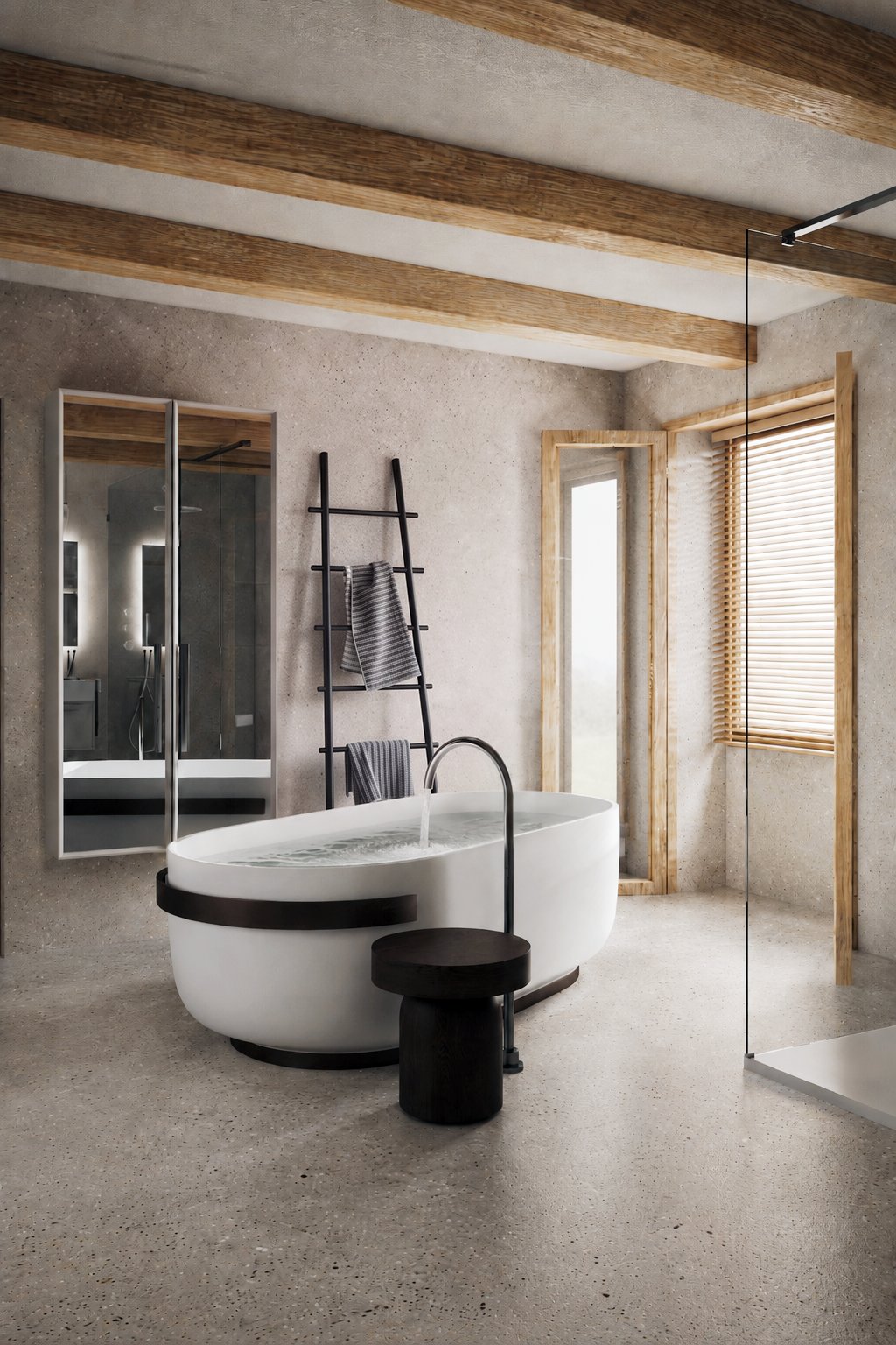 Bathroom with a freestanding tub and walk-in shower.