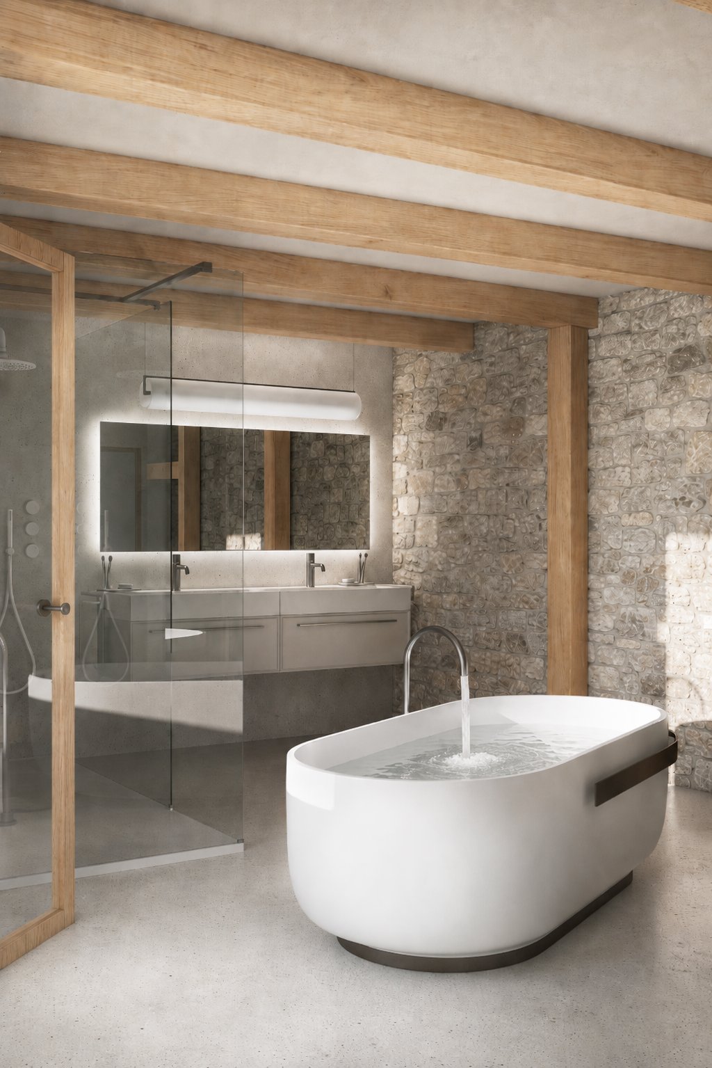 Bathroom with a stone wall and double vanity.