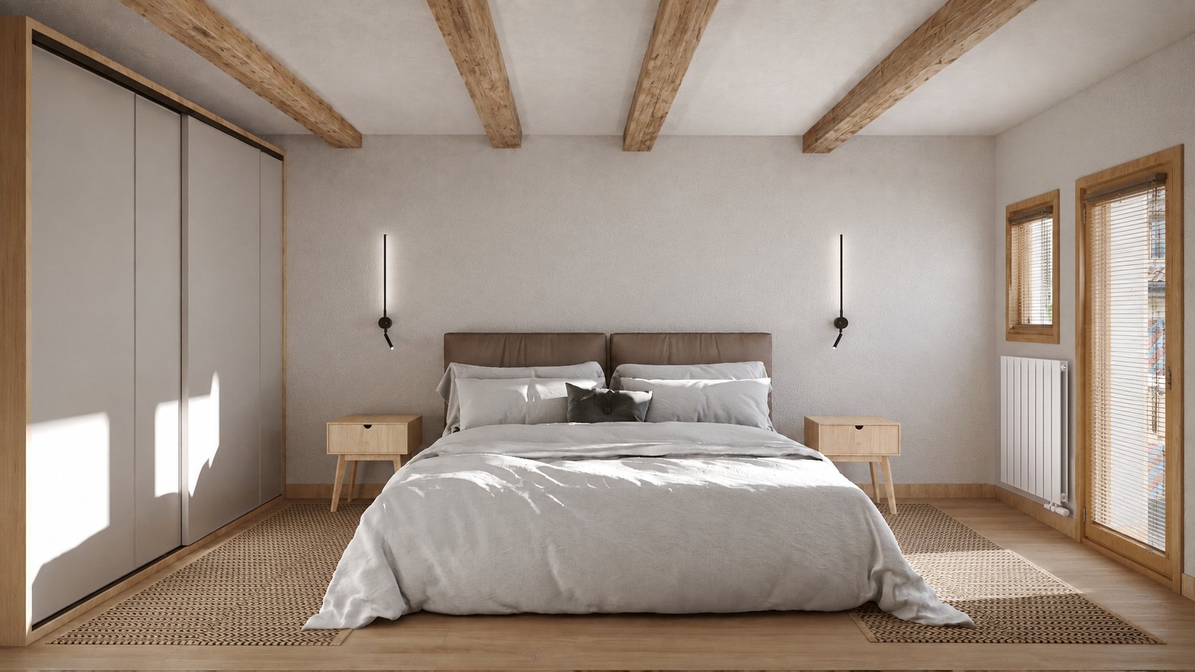 Bedroom with white walls and a timber ceiling.