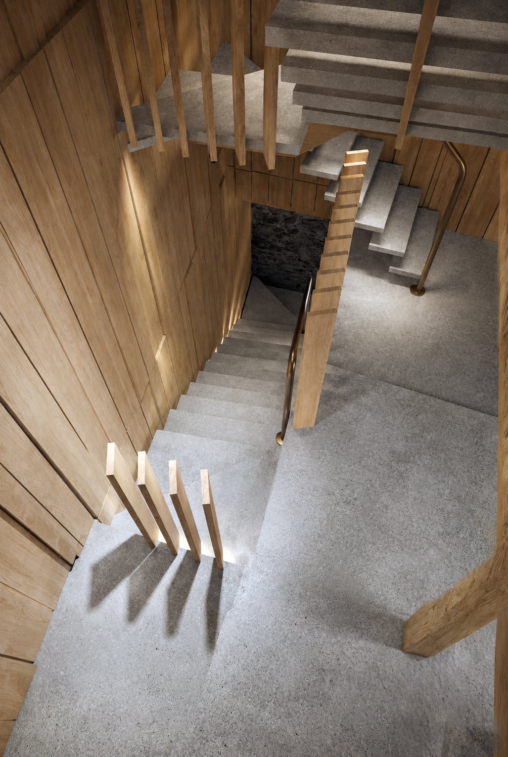 Bedroom with an exposed timber structure and a sleeping mezzanine.