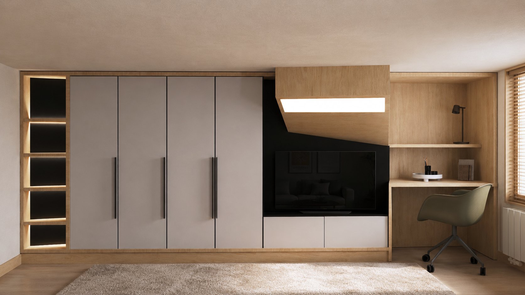 Bedroom fitted out as a study, with built-in wood shelving.