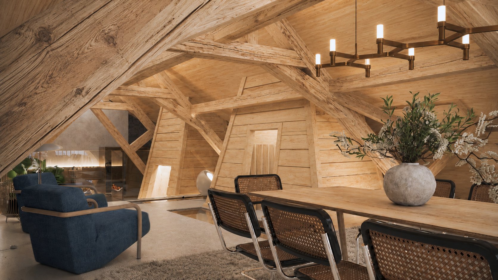 Dining area beneath a dramatic curved timber roof structure.