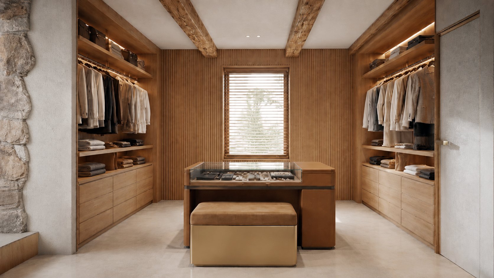 Walk-in dressing room with timber built-in storage.