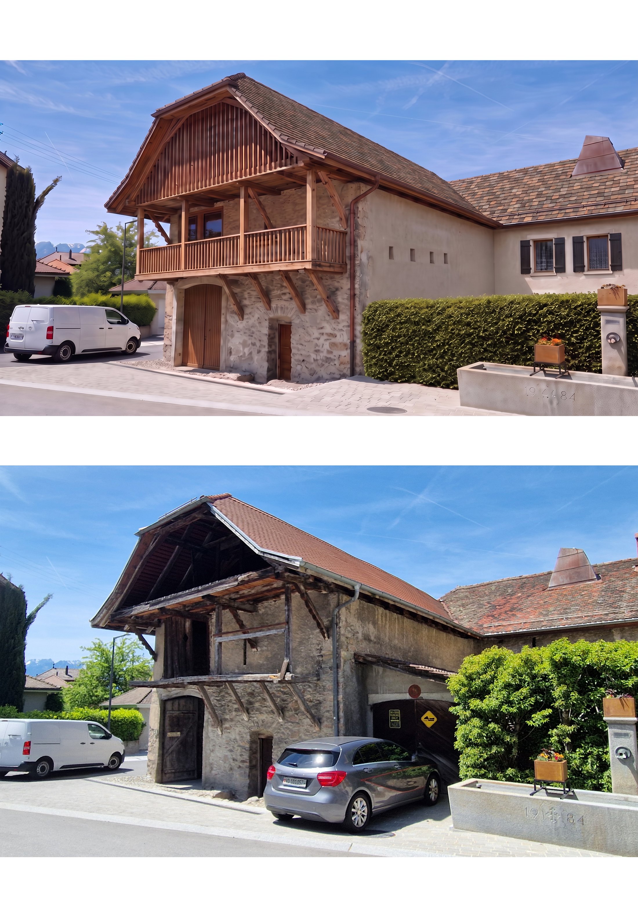 Existing facade of the heritage building, traditional stone base and timber upper floor.