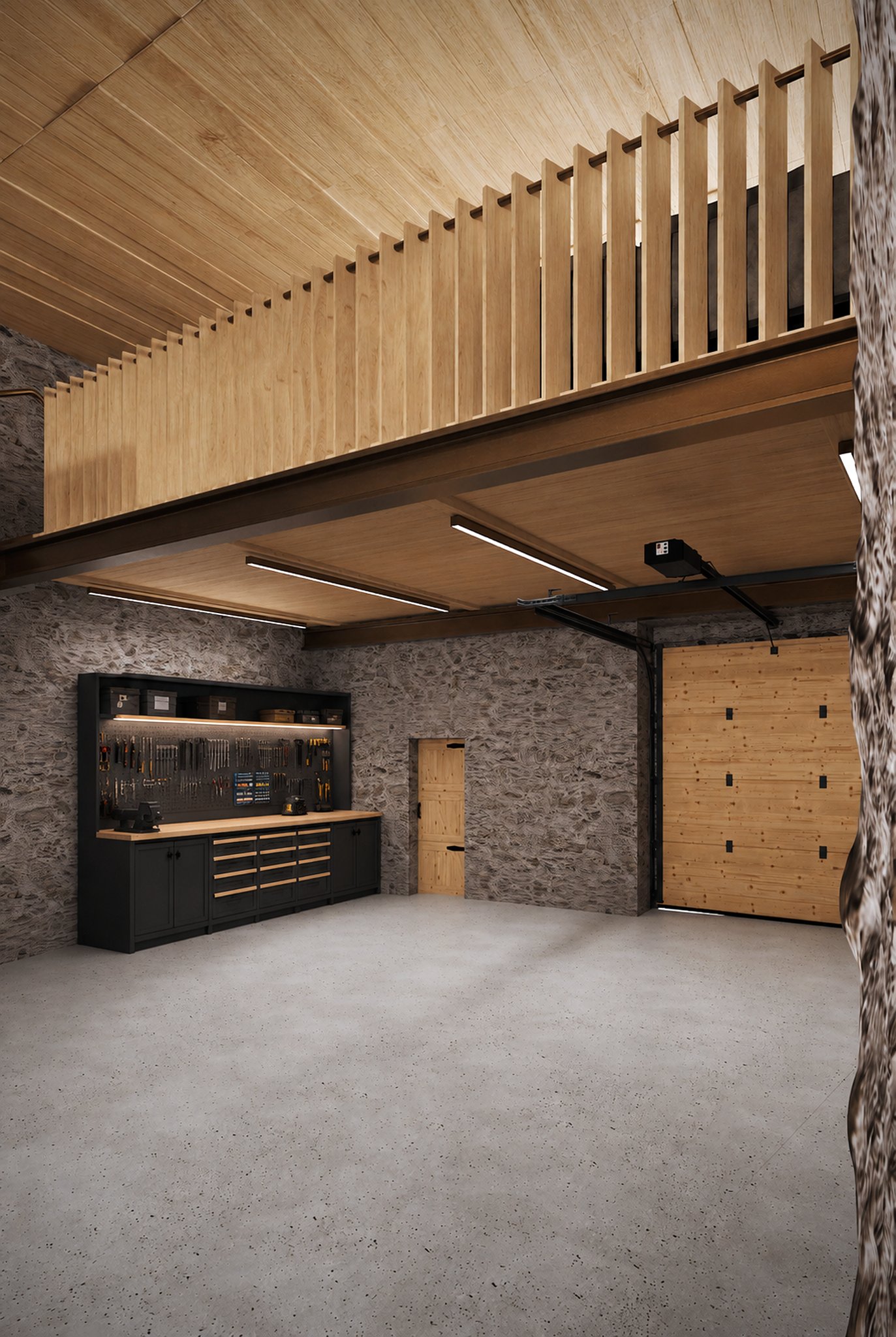 Garage entry with sculptural lighting and an arched stone doorway.