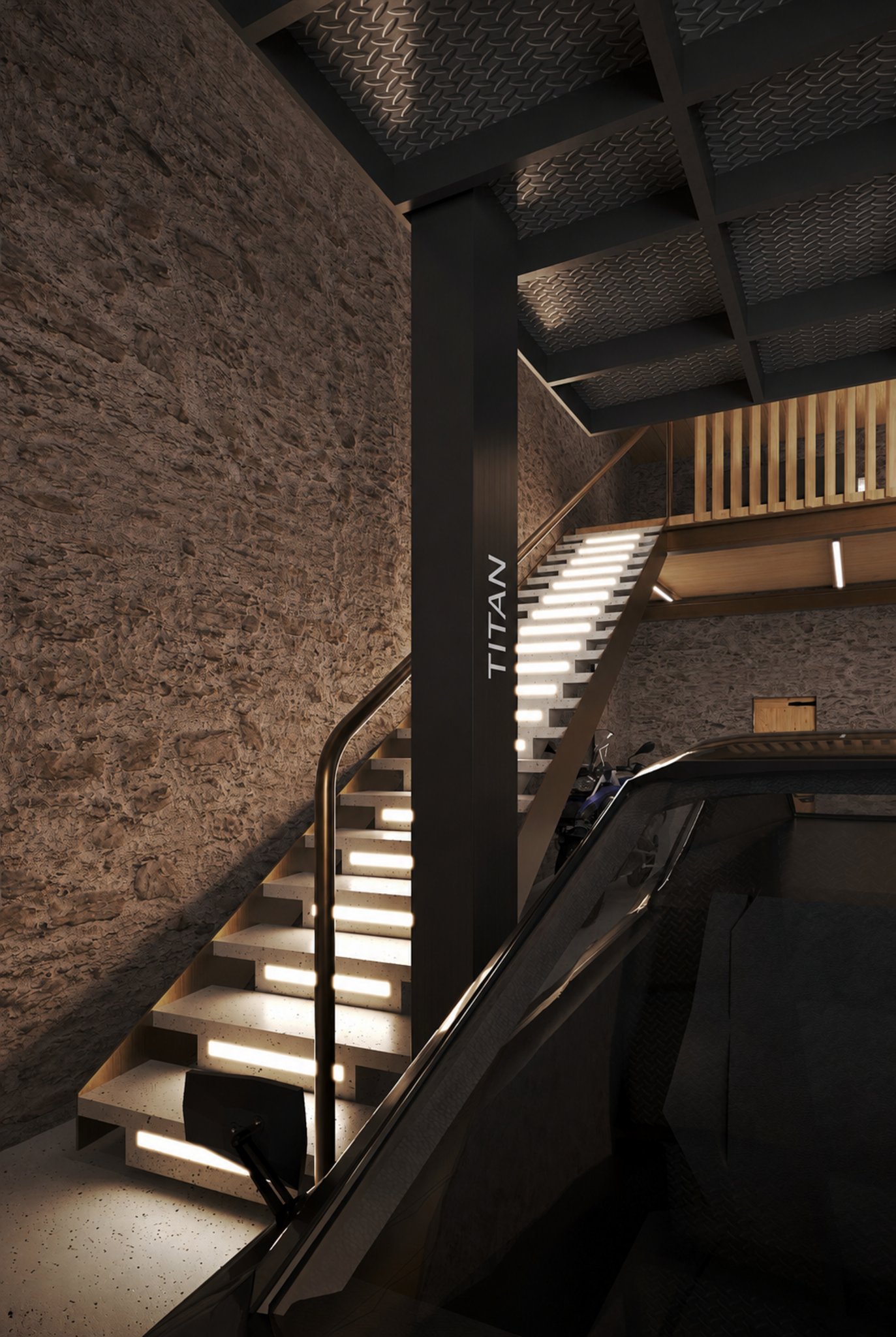 Stone-walled staircase within the garage and mezzanine level.