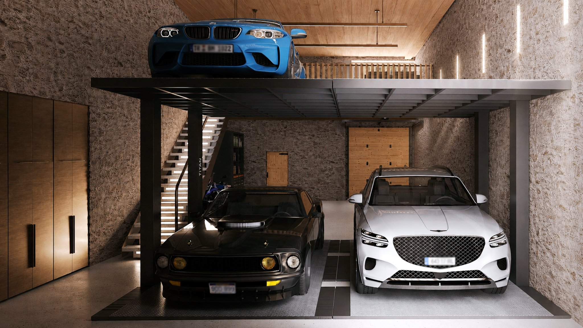 Garage with a mezzanine platform above the parked cars.