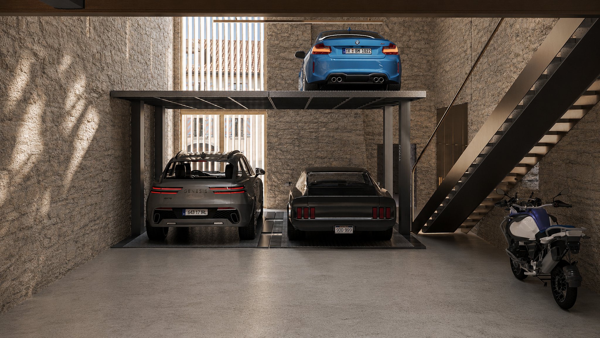 Garage level with a staircase leading to the upper floors.