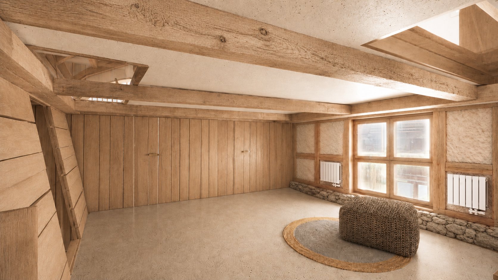 Upper hall landing beneath exposed timber beams.