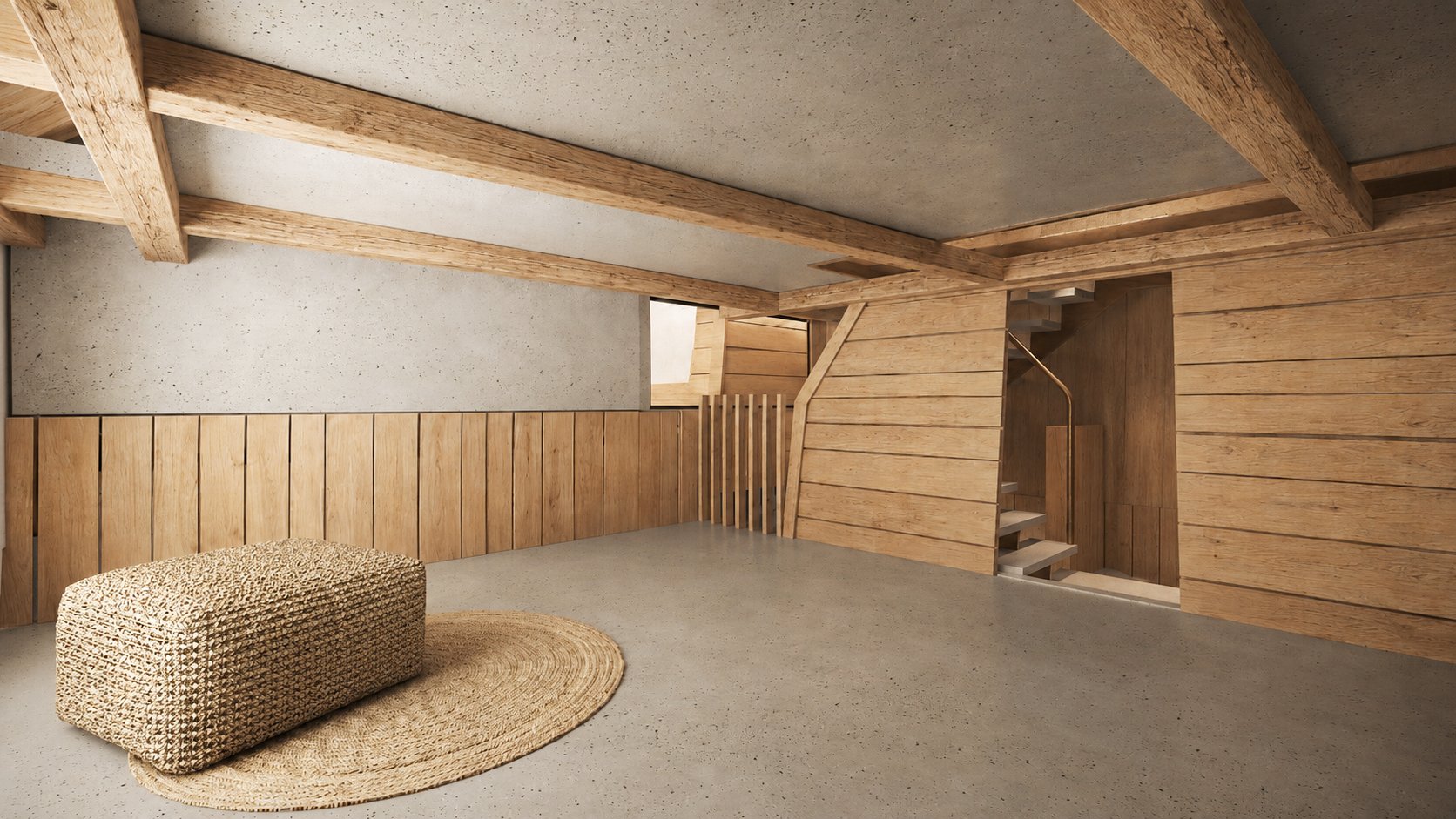 Hall corridor beneath exposed timber beams, alternate view.