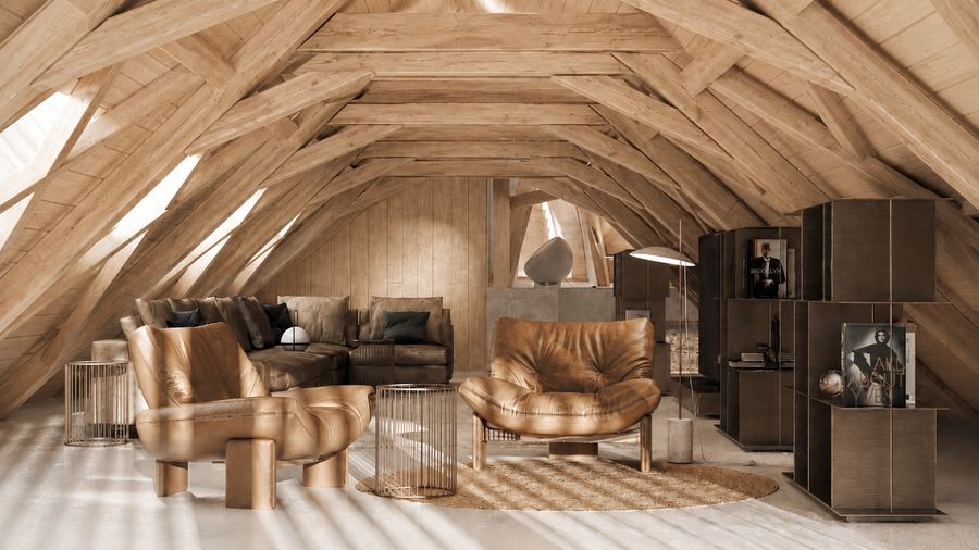 Living room beneath a barrel-vaulted timber roof in the renovated St-Legier heritage building.