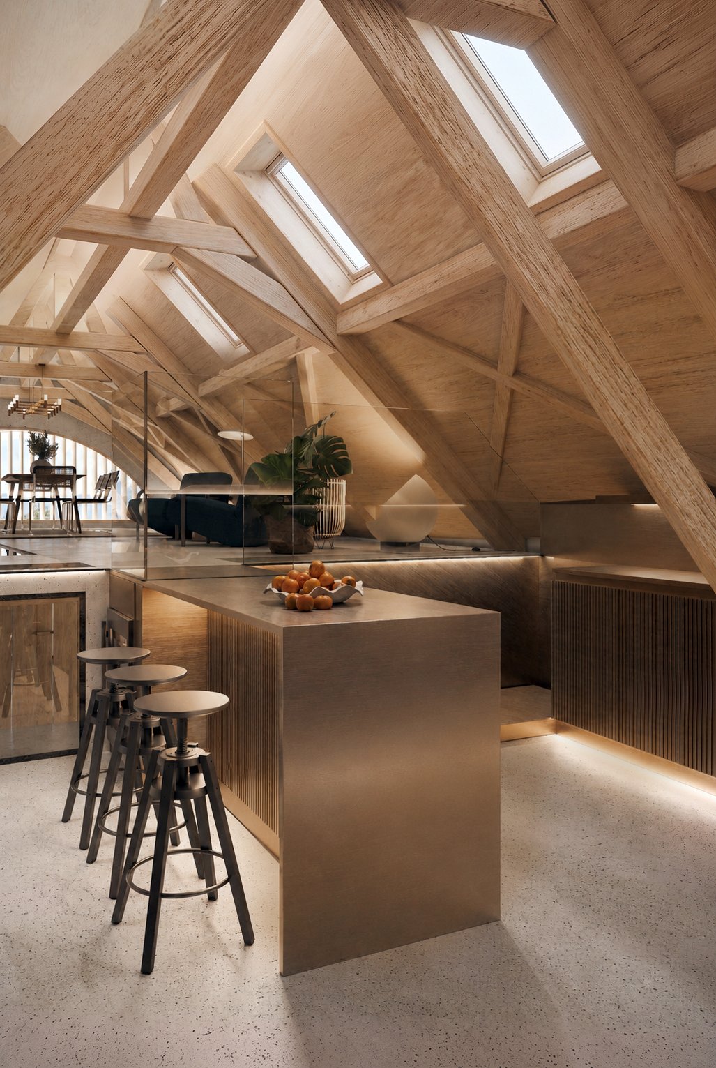 Kitchen beneath skylight windows, with a central island.