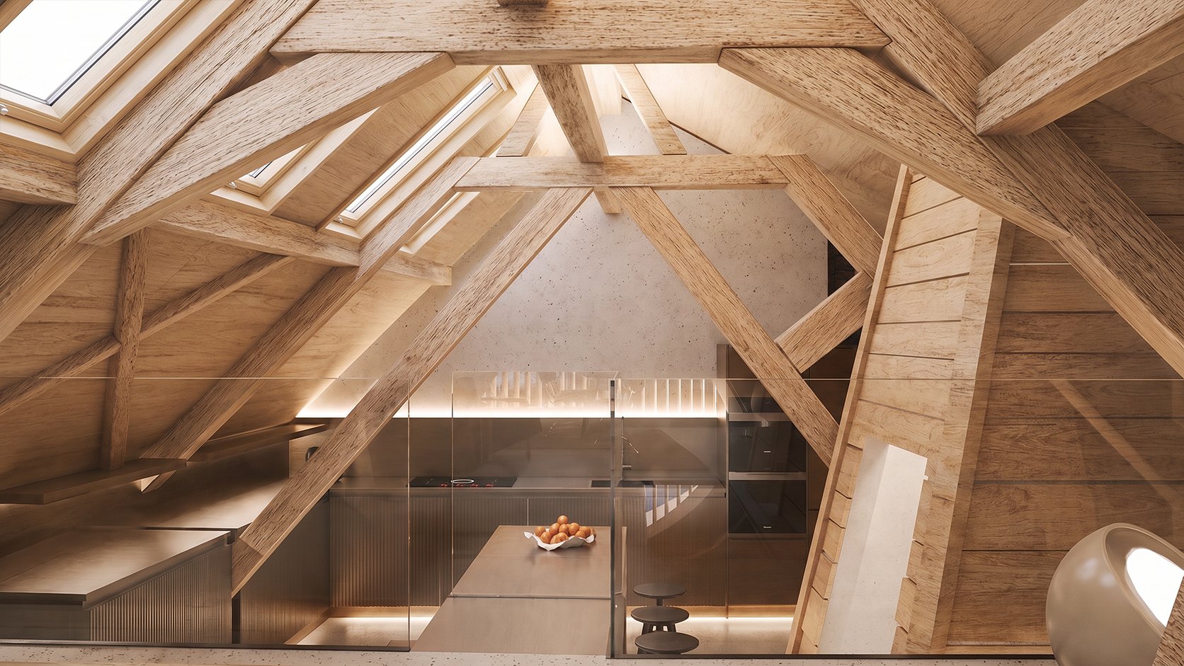 Kitchen and dining area beneath exposed roof trusses and skylights.