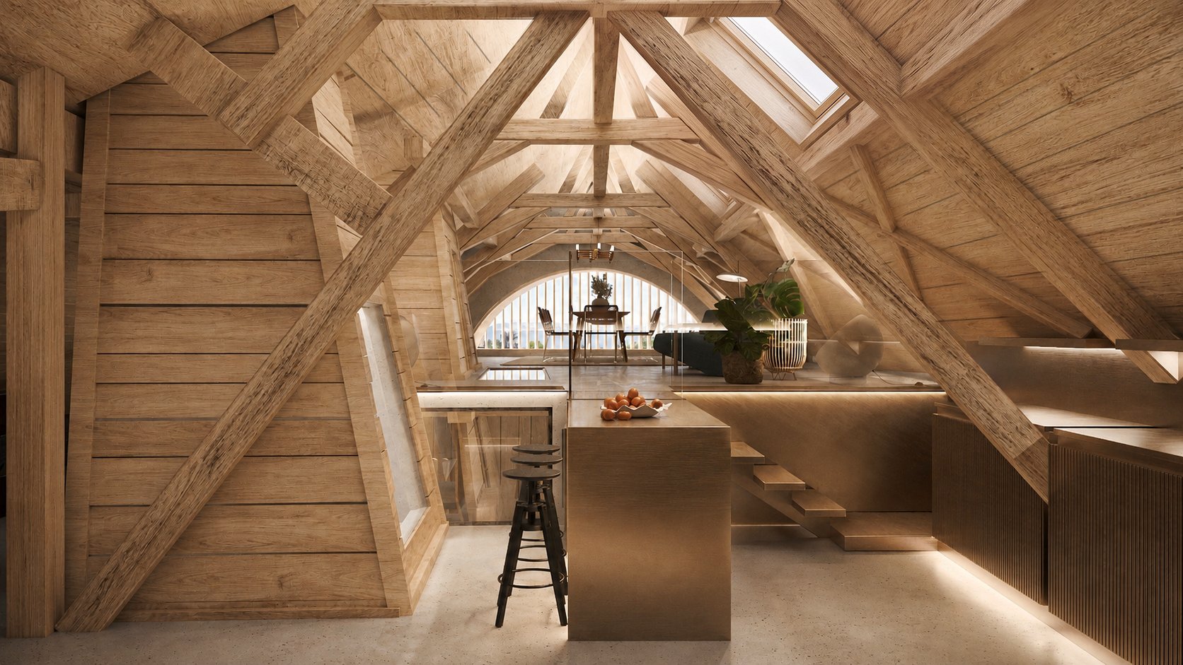 Kitchen and dining area, warmly lit beneath the timber structure.
