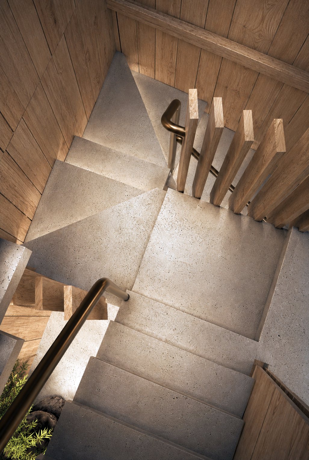 Sculptural staircase with geometric timber framing.