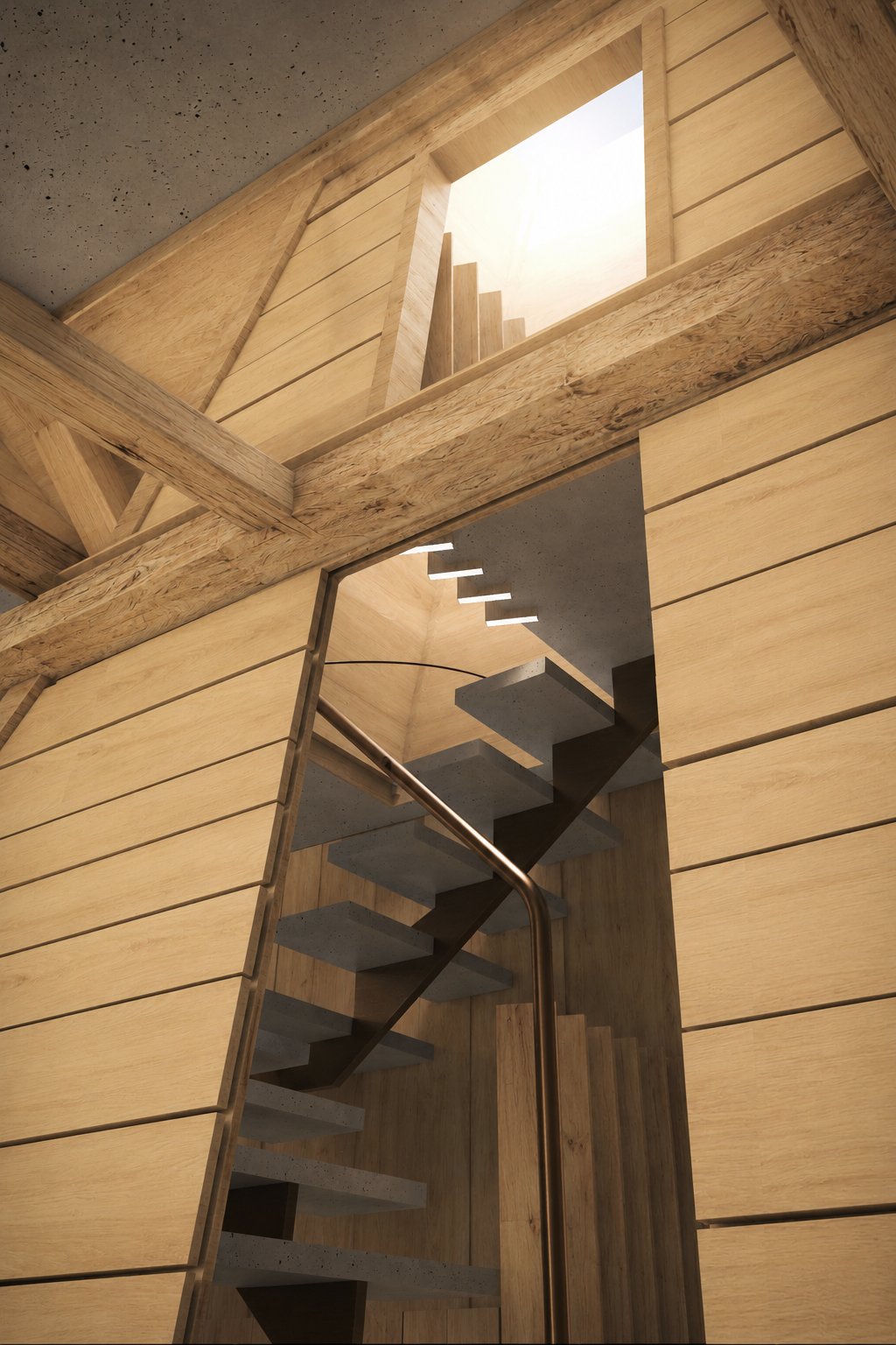 Staircase against a window, dramatic diagonal timber structure.