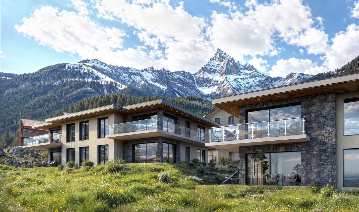 Mountain development exterior CGI with alpine backdrop, Vérossaz.