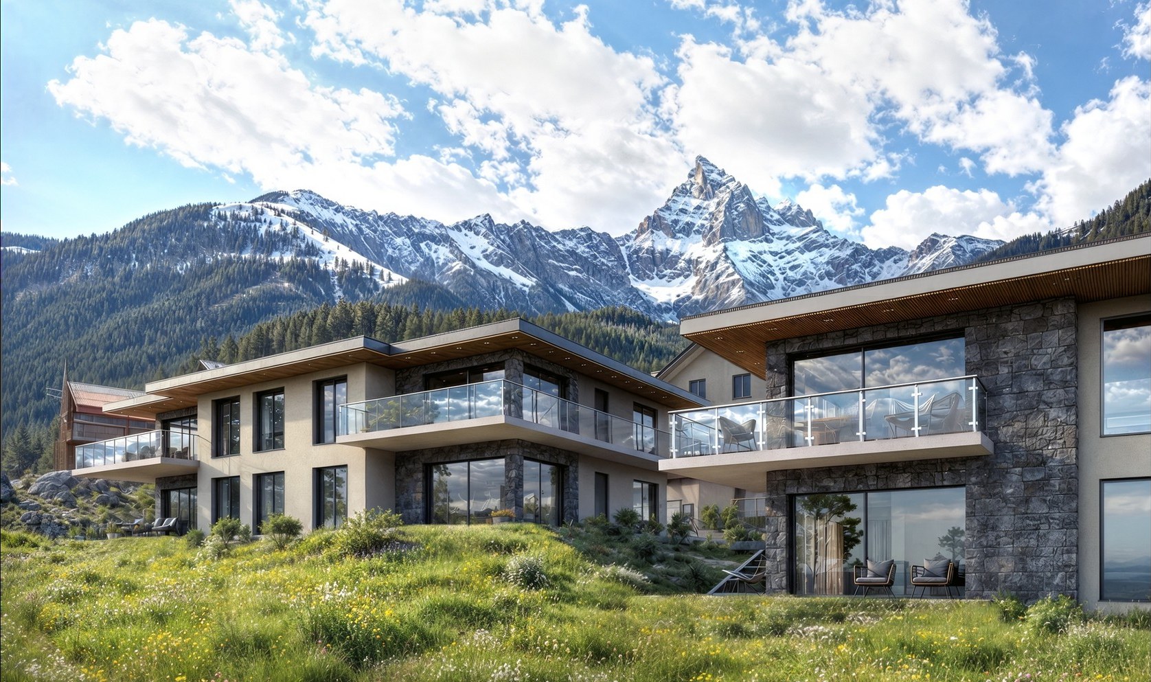 Mountain development exterior CGI with alpine peaks and wildflower meadow, Vérossaz.