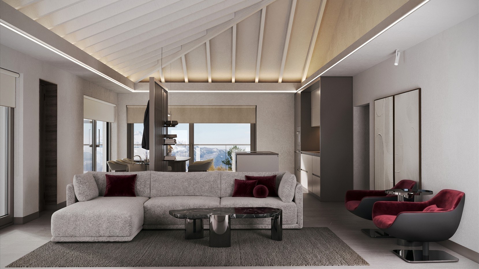 Interior living space CGI with a vaulted timber ceiling, deep sofa, and mountain view through full-height glazing.